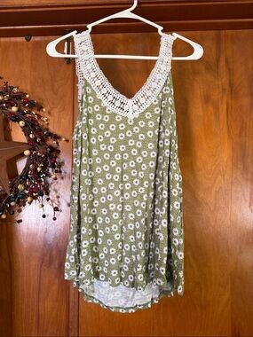 Maurices Olive Green Floral Tank Top with White Crochet Trim